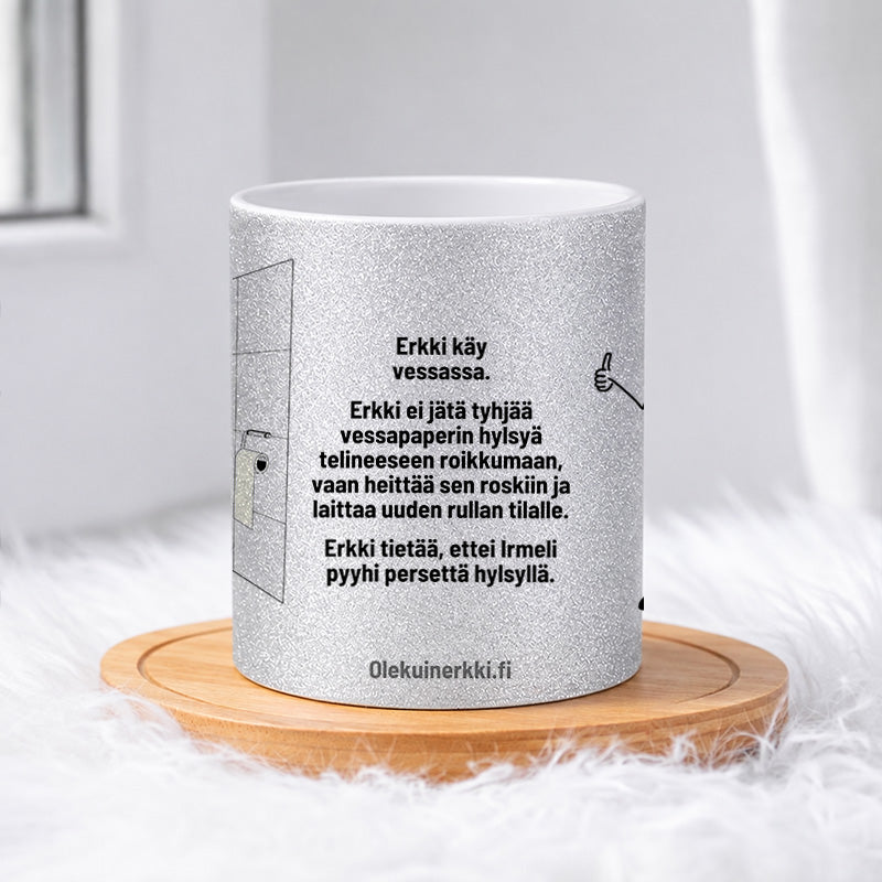 Erkki ei jätä hylsyä telineeseen roikkumaan 0023 |  Glittermuki 330ml
