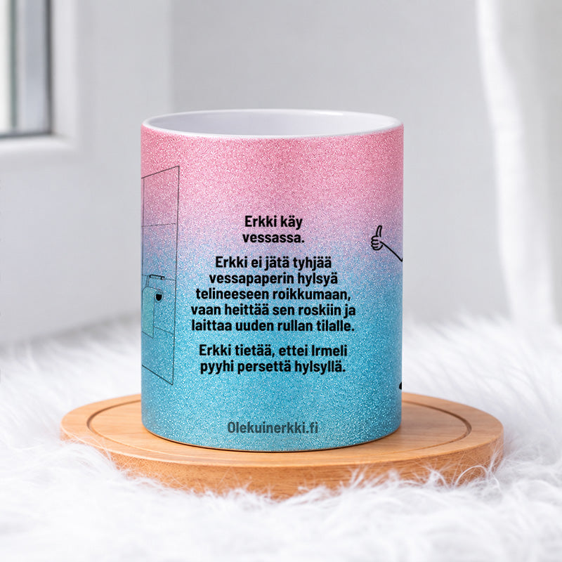 Erkki ei jätä hylsyä telineeseen roikkumaan 0023 |  Glittermuki 330ml