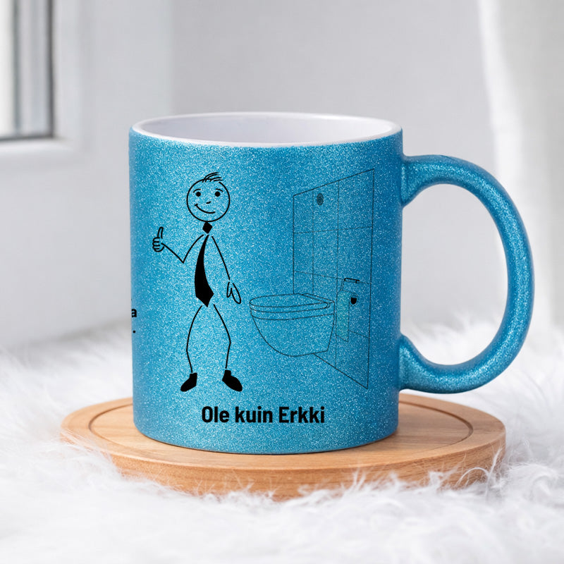 Erkki ei jätä hylsyä telineeseen roikkumaan 0023 |  Glittermuki 330ml