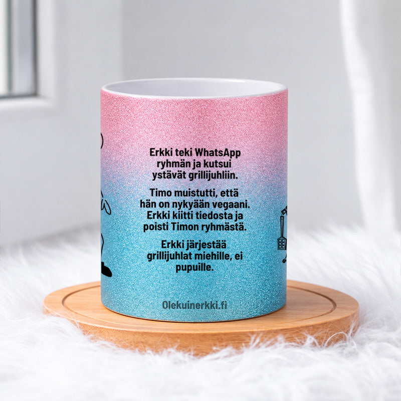 Erkki kutsui ystävät grillijuhliin 0024 |  Glittermuki 330ml