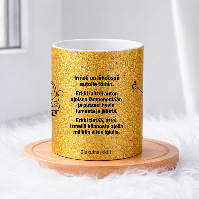 Irmeli on lähdössä autolla töihin 0027 |  Glittermuki 330ml
