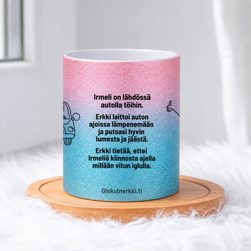 Irmeli on lähdössä autolla töihin 0027 |  Glittermuki 330ml